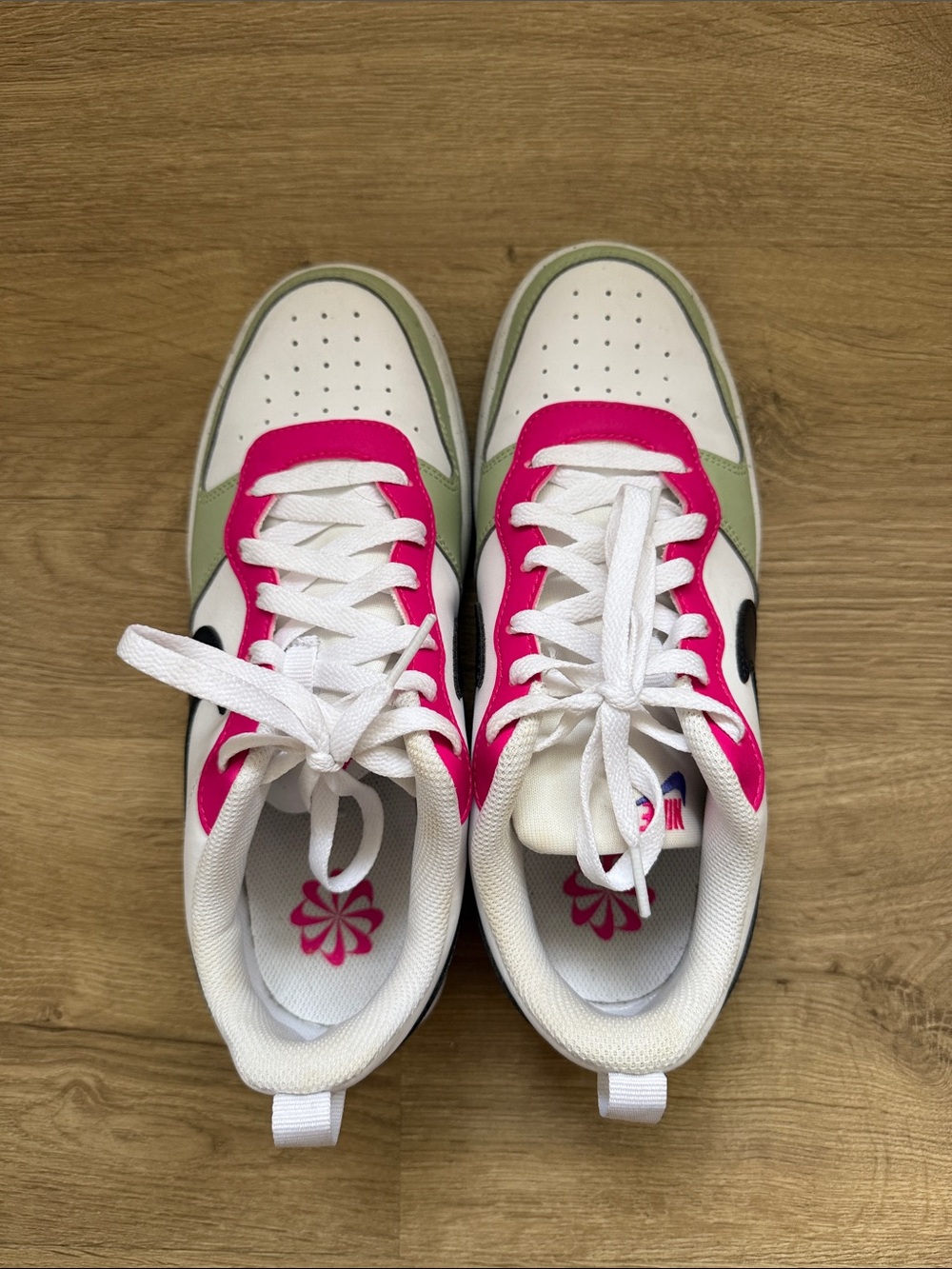 Nike Kids Sneakers White Pink Green with Black Swoosh